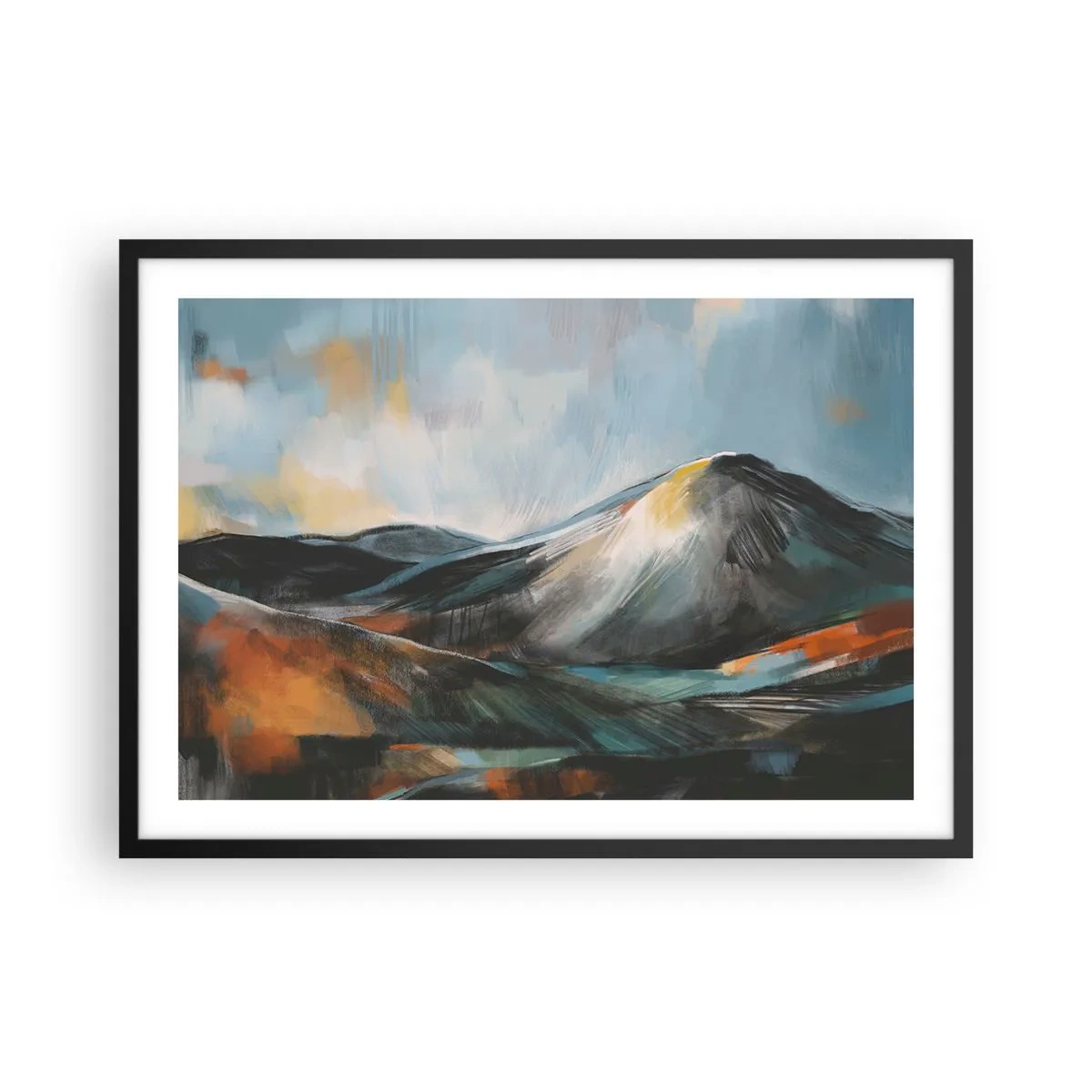 Poster in einem schwarzem Rahmen - Abstrakte Berglandschaft in warmen Farbtönen - 70x50cm - Roh und schön - Moderne Wanddekoration für Wohnzimmer und Schlafzimmer ARTTOR