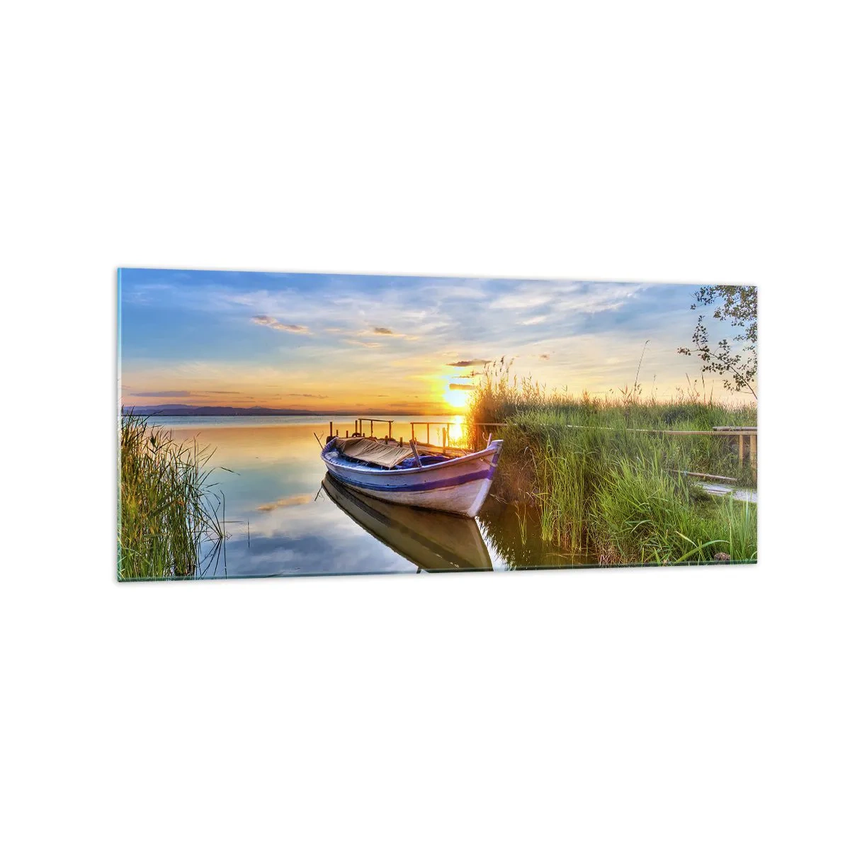 Glasbild - Bild auf glas - Ein Boot in einer ruhigen Bucht bei Sonnenuntergang - 120x50cm - Bucht erfüllter Träume - Moderne Wanddekoration für Wohnzimmer und Schlafzimmer ARTTOR