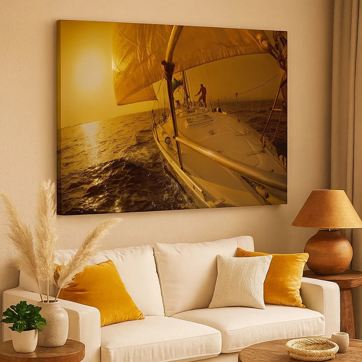 Bild auf Leinwand - Leinwandbild - Segelboot auf See bei Sonnenuntergang, goldener Schein. - 70x50cm - Ein goldener Abend nach einem bunten Tag - Moderne Wanddekoration für Wohnzimmer und Schlafzimmer ARTTOR