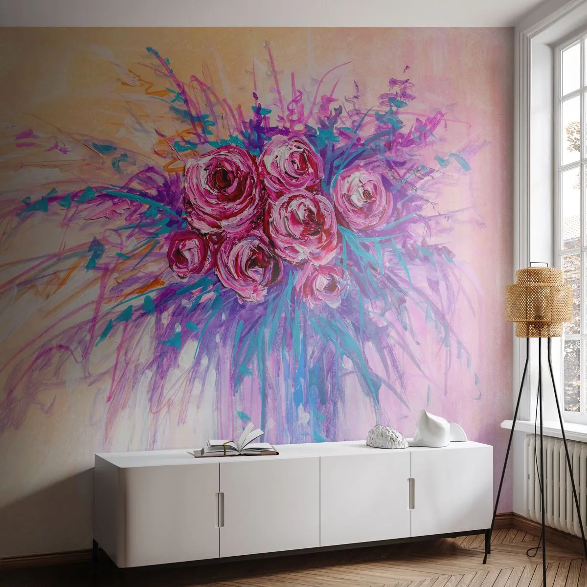 Fototapete Premium Sand - Ein Strauß Rosen im Aquarellstil auf pastellfarbenem Hintergrund - 100x70cm - Rosenbrunnen - Moderne Wanddekoration für Wohnzimmer und Schlafzimmer ARTTOR