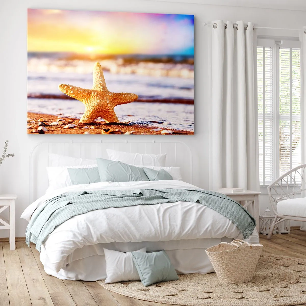 Bild auf Leinwand - Leinwandbild - Ein Seestern an einem Sandstrand im Schein der untergehenden Sonne - 100x70cm - Meer Geschenk - Moderne Wanddekoration für Wohnzimmer und Schlafzimmer ARTTOR