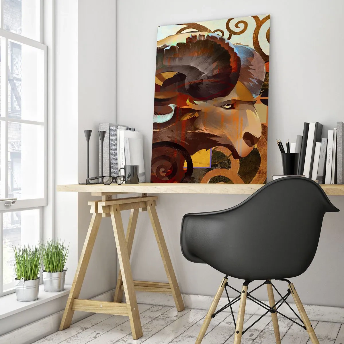 Glasbild - Bild auf glas - Ein symbolischer Widder in einer abstrakten Komposition - 70x100cm - Magie - Religionen - Rituale - Moderne Wanddekoration für Wohnzimmer und Schlafzimmer ARTTOR