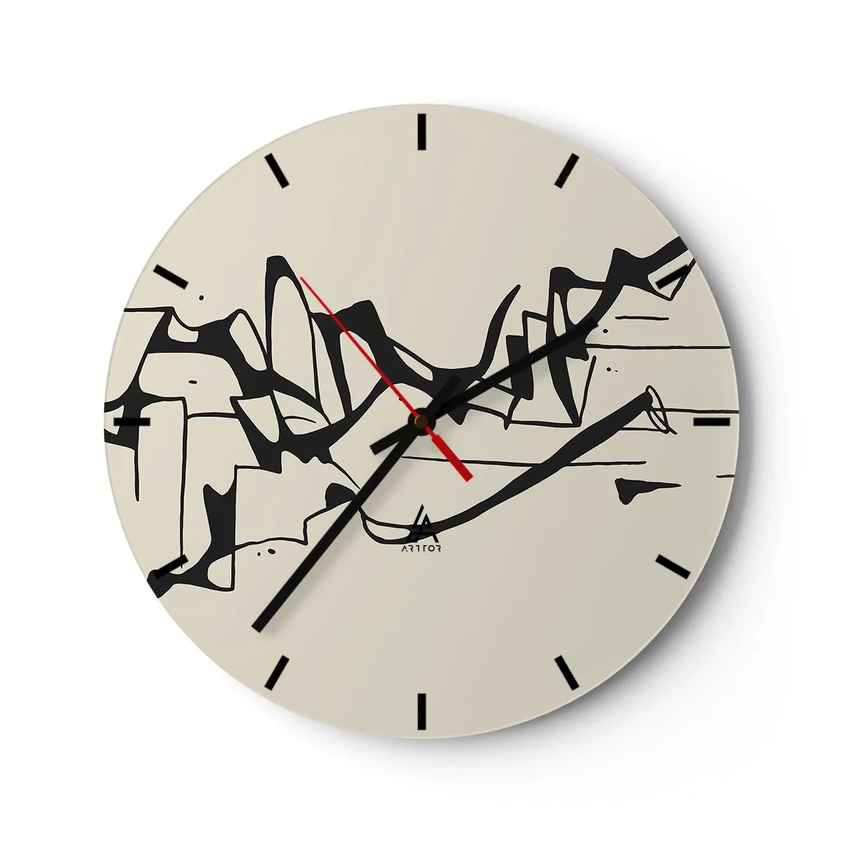 Wanduhr - Glasuhr - Abstrakte schwarze Linien auf cremefarbenem Hintergrund, die einer Landschaft ähneln. - 30x30cm - Vielleicht eine Landschaft - Moderne Wanddekoration für Wohnzimmer, Küche und Schlafzimmer ARTTOR