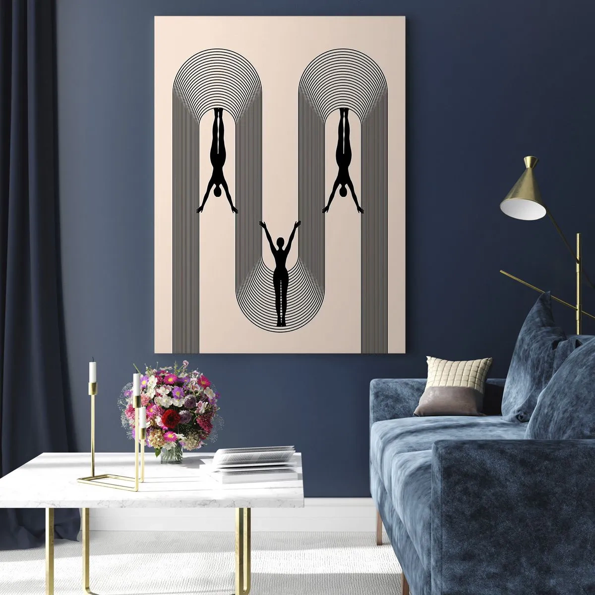 Glasbild - Bild auf glas - Schwarze Silhouetten von Figuren, die in rhythmischen Bögen schweben - 50x70cm - Verkehrt herum - Moderne Wanddekoration für Wohnzimmer und Schlafzimmer ARTTOR