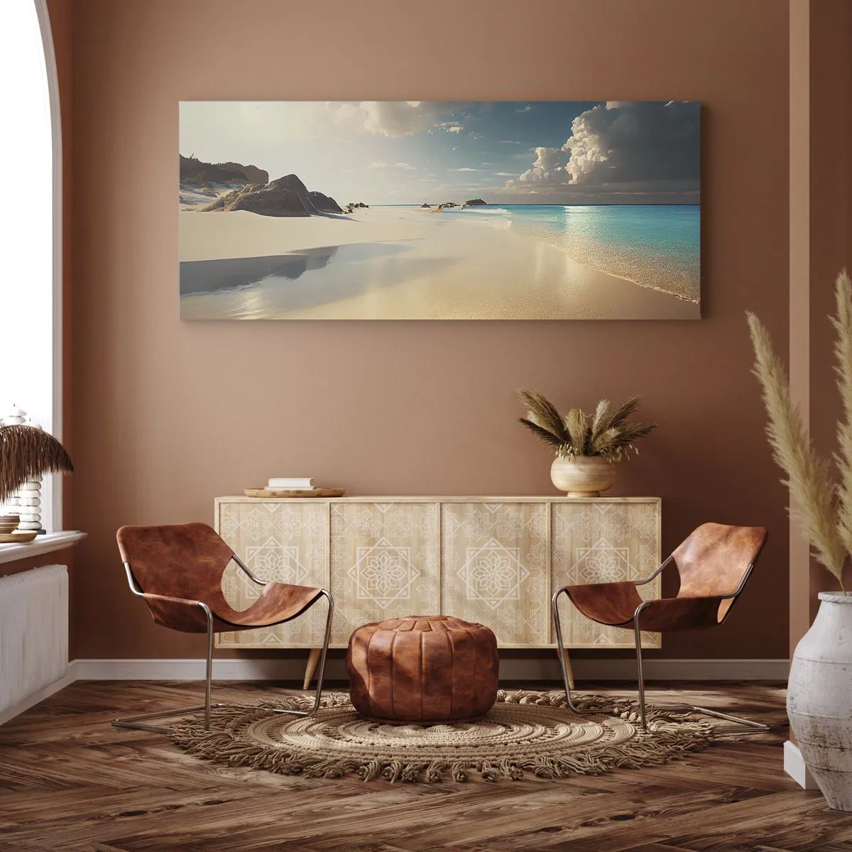 Bild auf Leinwand - Leinwandbild - Ein sonniger Strand mit blauem Meer und Felsen - 160x50cm - Erträumter Tag - Moderne Wanddekoration für Wohnzimmer und Schlafzimmer ARTTOR
