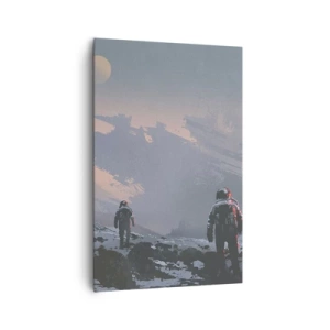 Bild auf Leinwand - Leinwandbild - Astronauten auf einem fremden Planeten mit einem Raumschiffwrack - 80x120cm - Unter einem unbekannten Stern - Moderne Wanddekoration für Wohnzimmer und Schlafzimmer ARTTOR