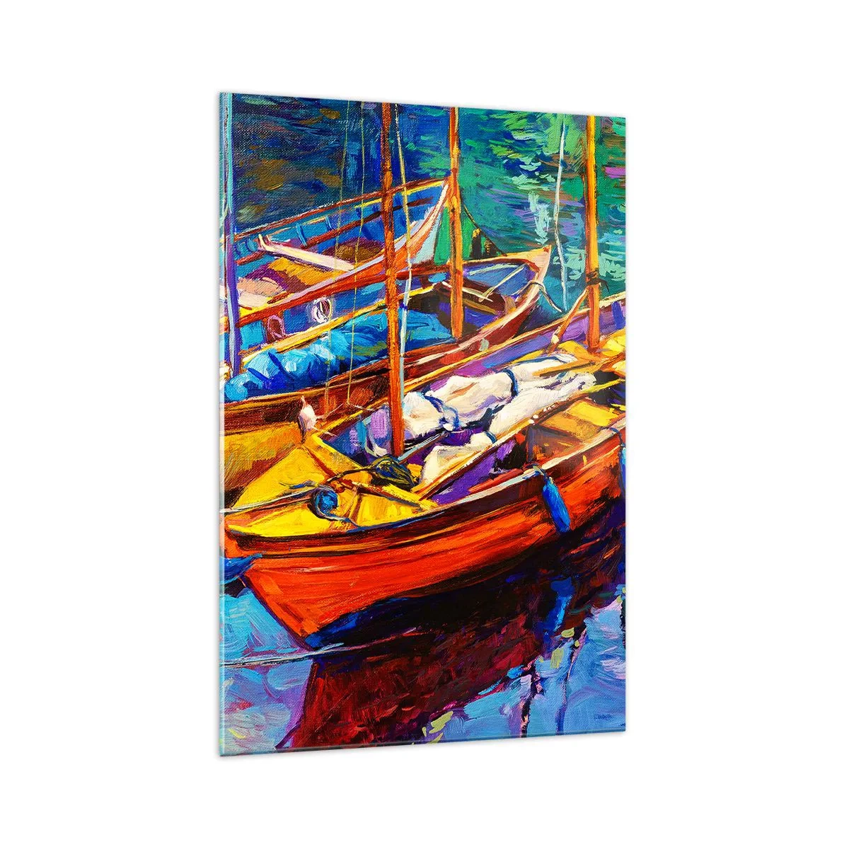 Glasbild - Bild auf glas - Bunte Boote auf ruhigem Wasser - 70x100cm - Auf Wasser dick mit Farben - Moderne Wanddekoration für Wohnzimmer und Schlafzimmer ARTTOR