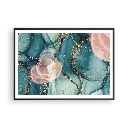 Poster in einem schwarzem Rahmen - Eine abstrakte Komposition in Türkis- und Goldtönen. - 100x70cm - Seidenblau, Tüllrosa - Moderne Wanddekoration für Wohnzimmer und Schlafzimmer ARTTOR