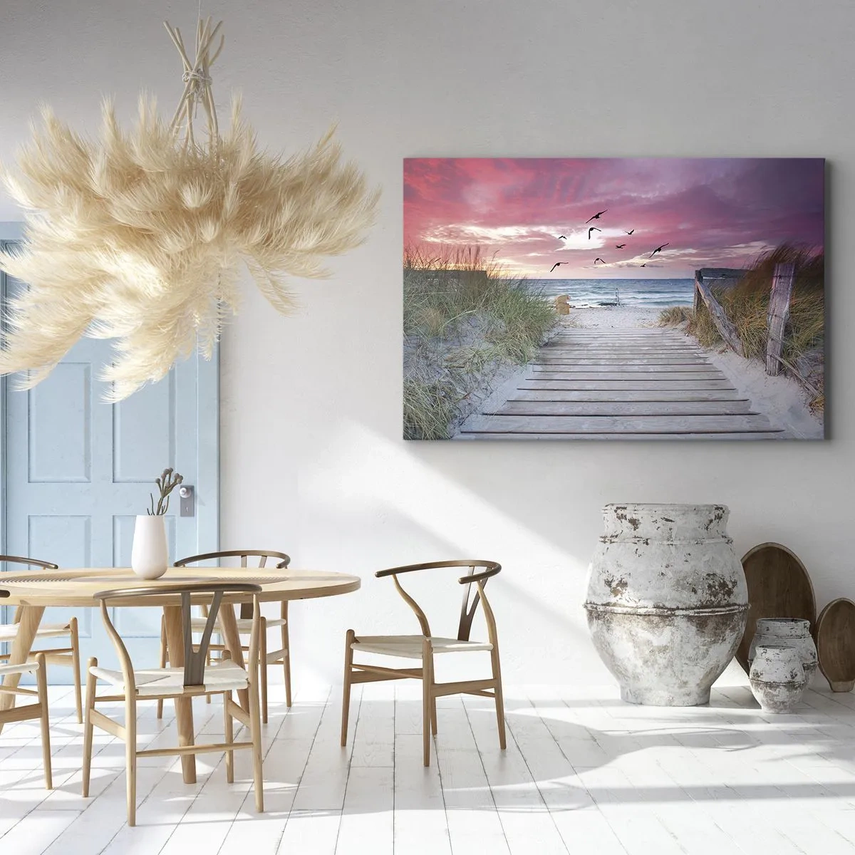 Bild auf Leinwand - Leinwandbild - Holzweg am Strand bei rosa Sonnenuntergang - 70x50cm - Baltischer Eindruck - Moderne Wanddekoration für Wohnzimmer und Schlafzimmer ARTTOR
