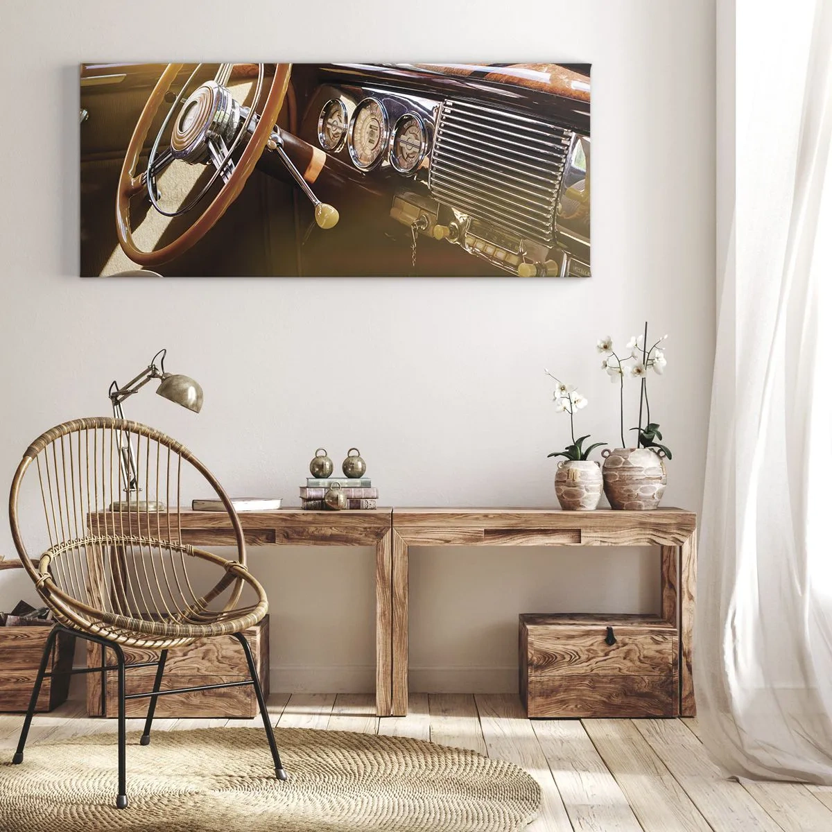 Bild auf Leinwand - Leinwandbild - Nahaufnahme des Innenraums eines Oldtimers mit Holz- und Chromdetails. - 140x50cm - Ein Hauch von Luxus aus der Vergangenheit - Moderne Wanddekoration für Wohnzimmer und Schlafzimmer ARTTOR