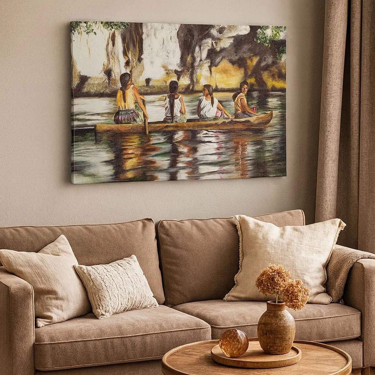 Bild auf Leinwand - Leinwandbild - Frauen in einem Boot auf einem ruhigen Fluss mit malerischer Kulisse - 70x50cm - In einem polynesischen Paradies - Moderne Wanddekoration für Wohnzimmer und Schlafzimmer ARTTOR