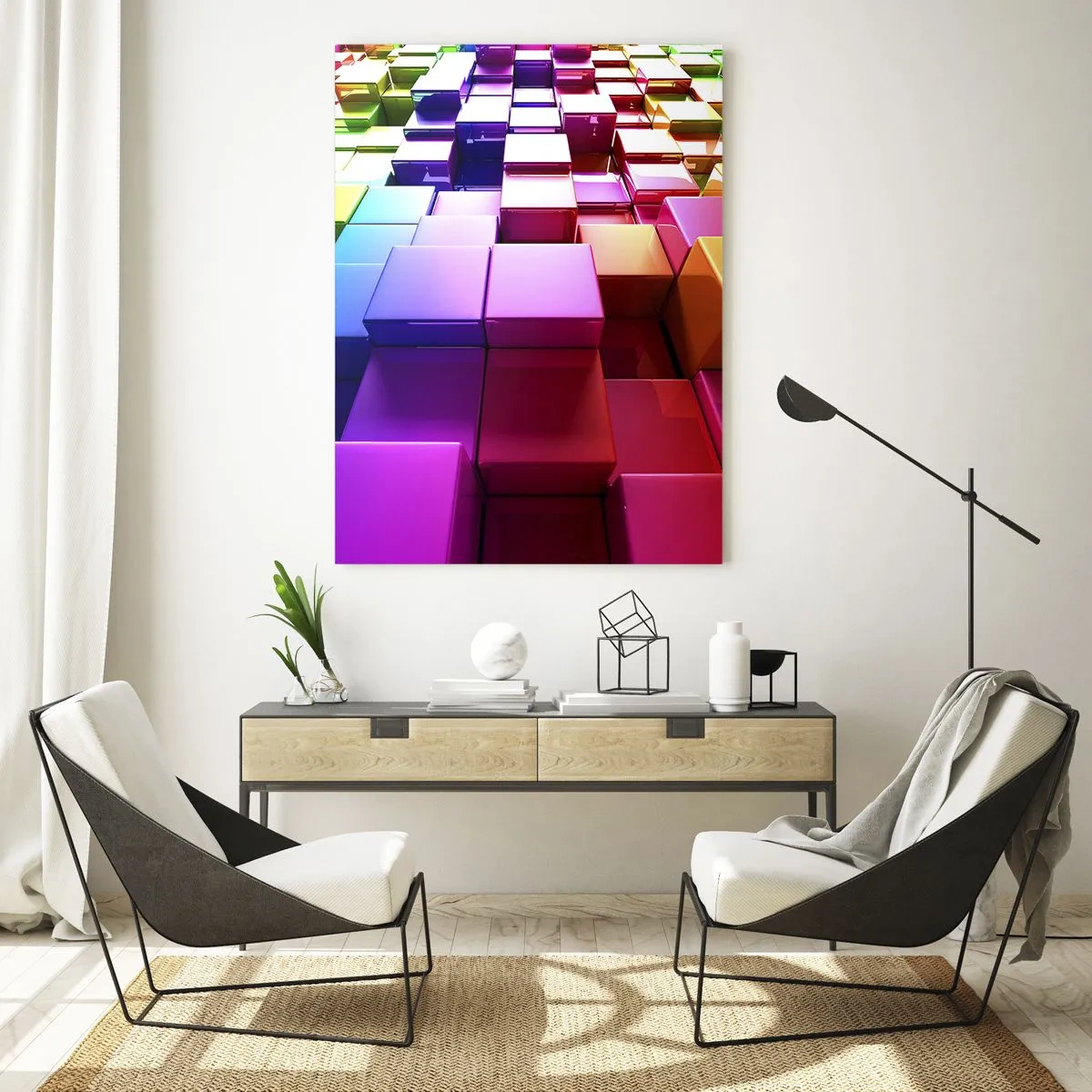 Glasbild - Bild auf glas - Bunte Würfel bilden ein dreidimensionales abstraktes Muster - 50x70cm - Op-Art gemeinsam im Team - Moderne Wanddekoration für Wohnzimmer und Schlafzimmer ARTTOR