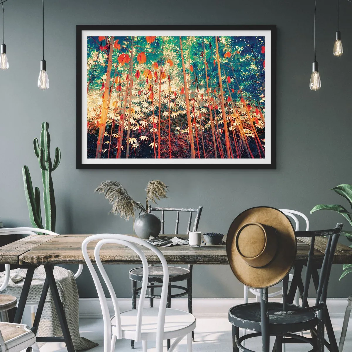 Poster in einem schwarzem Rahmen - Ein bunter Bambuswald mit intensiven Farben - 100x70cm - Das geheime Leben der Blätter - Moderne Wanddekoration für Wohnzimmer und Schlafzimmer ARTTOR