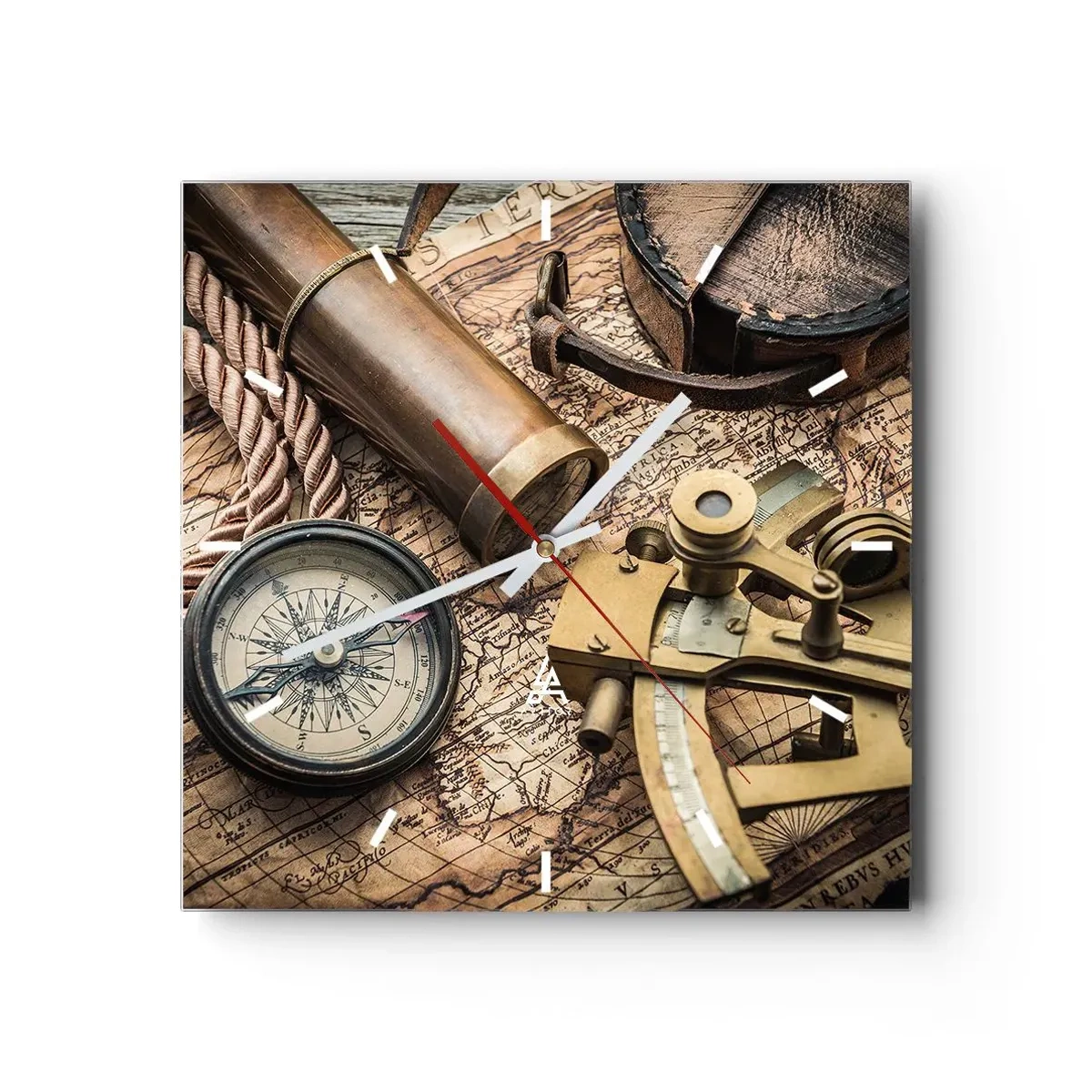 Wanduhr - Glasuhr - Ein Kompass, ein Sextant und ein Teleskop vor dem Hintergrund einer alten Karte und eines Seeseils. - 30x30cm - Setze Sie einen Kurs - Moderne Wanddekoration für Wohnzimmer und Schlafzimmer ARTTOR