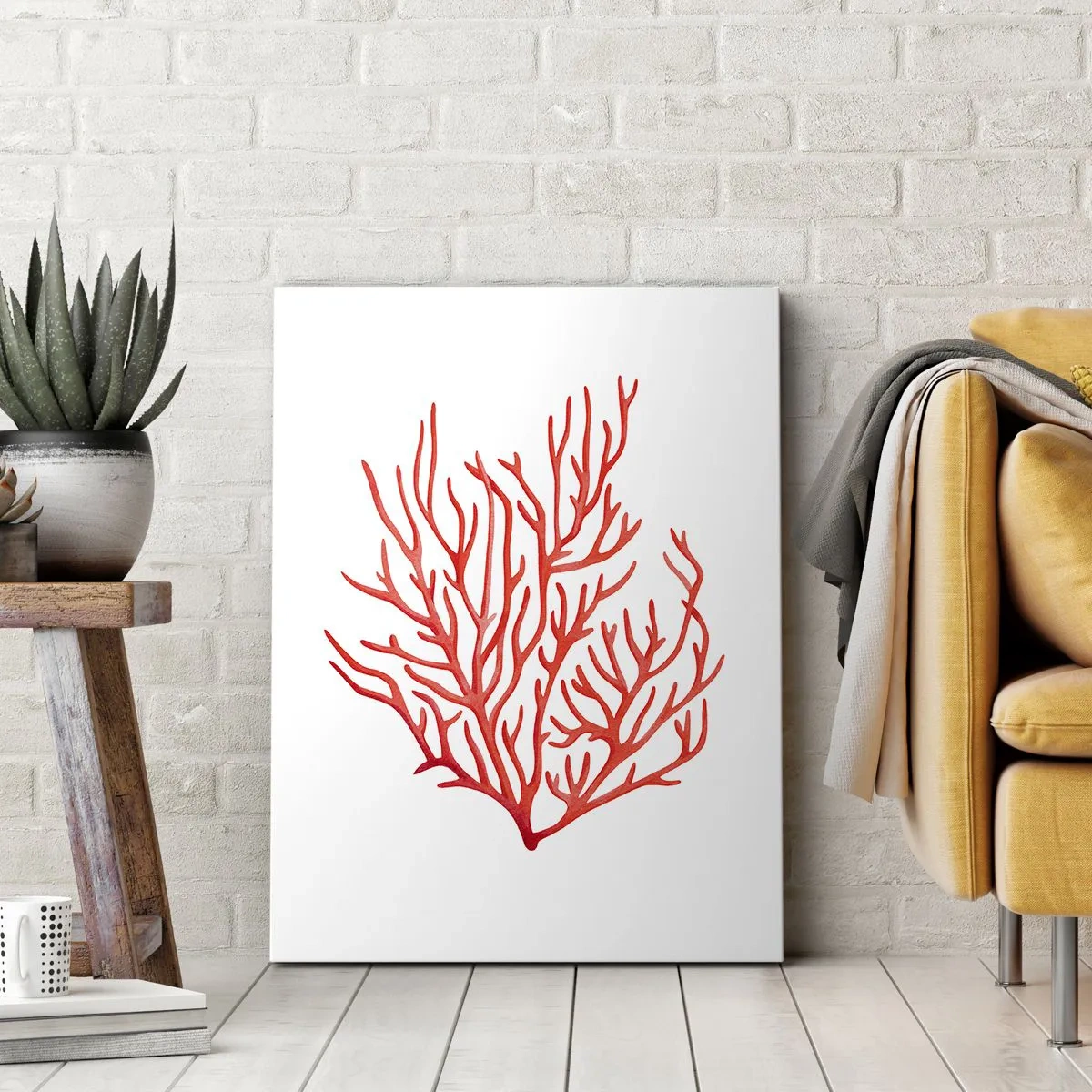 Bild auf Leinwand - Leinwandbild - Rote Koralle auf weißem Hintergrund im minimalistischen Stil - 80x120cm - Korallenfiligran - Moderne Wanddekoration für Wohnzimmer und Schlafzimmer ARTTOR