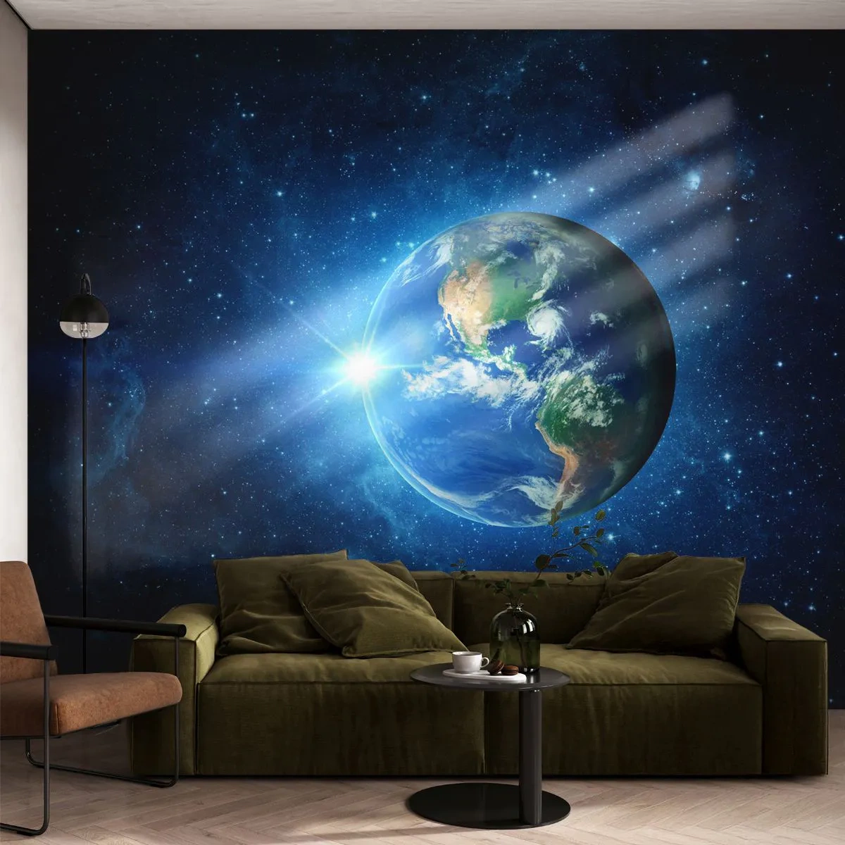 Fototapete Premium Sand - Blick auf die Erde aus dem Weltraum vor dem Hintergrund der Sterne - 100x70cm - Wir sind im Himmel - Moderne Wanddekoration für Wohnzimmer und Schlafzimmer ARTTOR