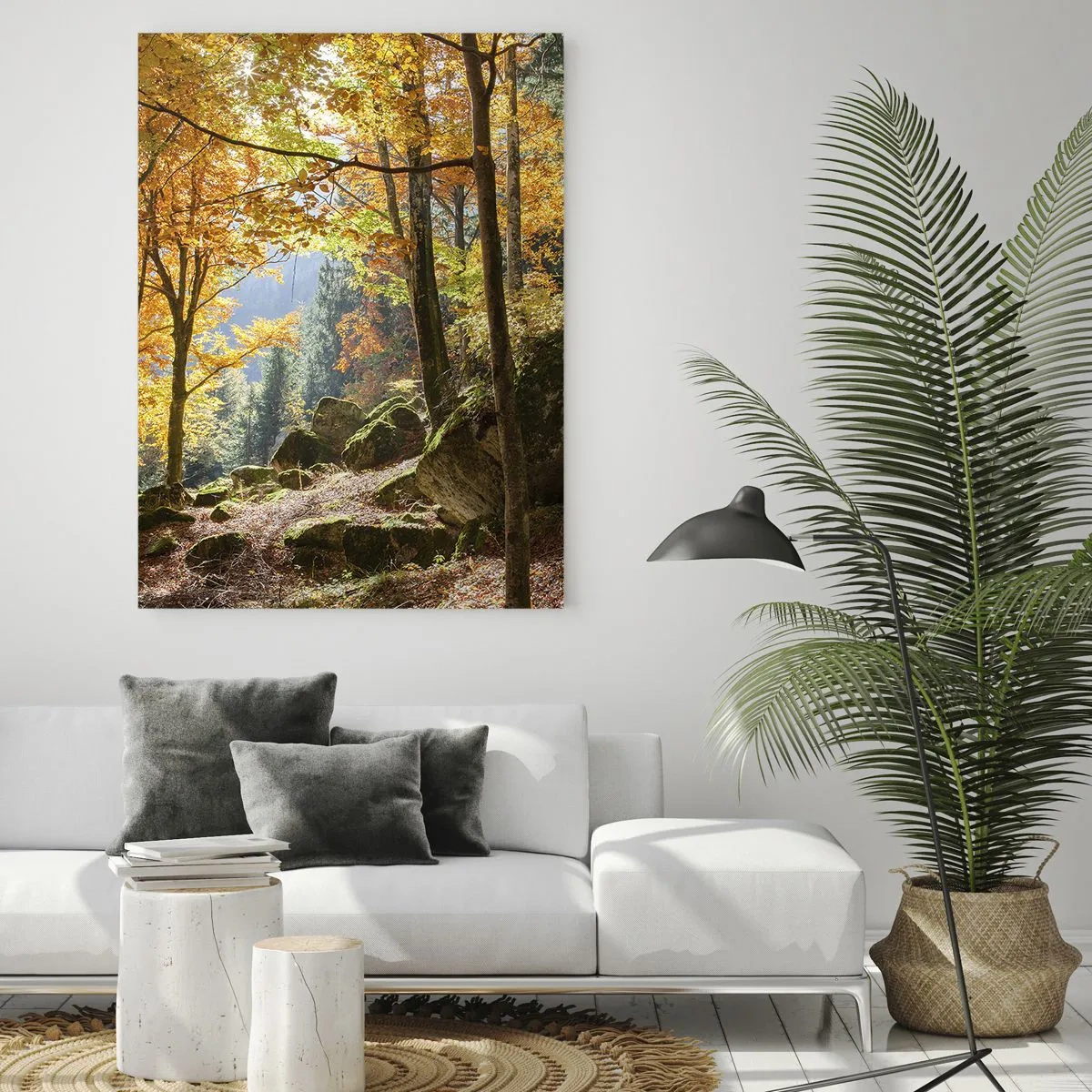 Glasbild - Bild auf glas - Herbstwald mit Sonnenstrahlen und Steinen - 50x70cm - Zeit zum Entspannen - Moderne Wanddekoration für Wohnzimmer und Schlafzimmer ARTTOR
