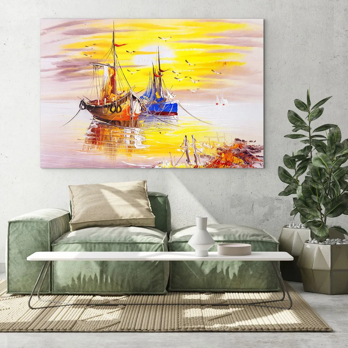 Glasbild - Bild auf glas - Fischerboote bei Sonnenuntergang auf ruhigem Wasser - 70x50cm - Eine wohlverdiente Pause im Hafen - Moderne Wanddekoration für Wohnzimmer und Schlafzimmer ARTTOR