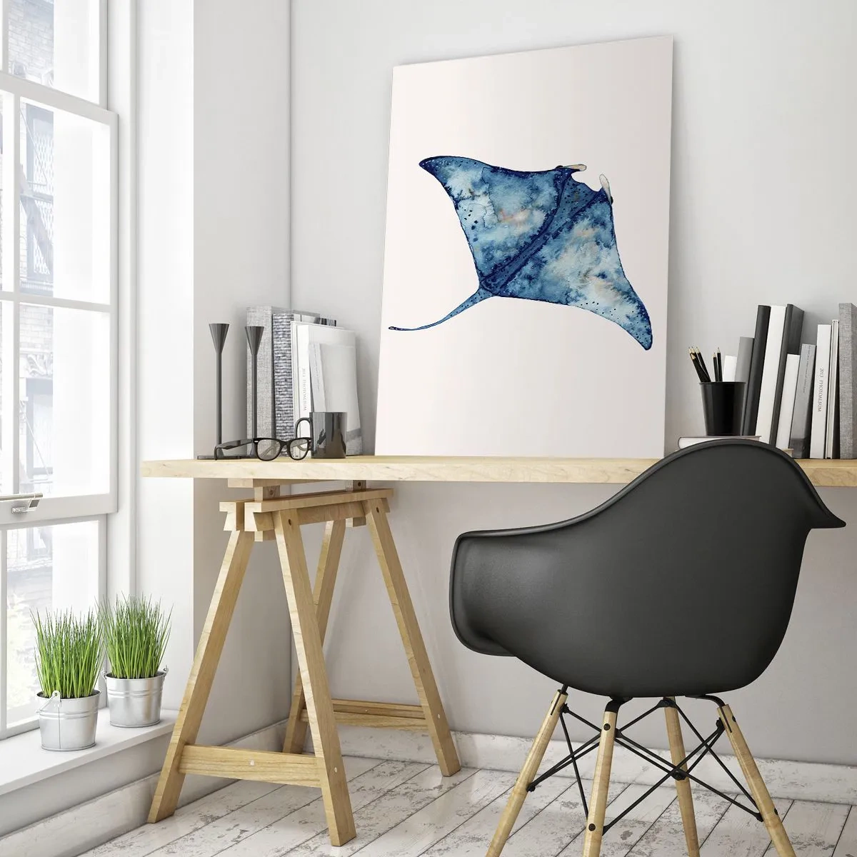 Glasbild - Bild auf glas - Marineblauer Strahl im Aquarellstil auf weißem Hintergrund - 50x70cm - Leben im Blau - Moderne Wanddekoration für Wohnzimmer und Schlafzimmer ARTTOR