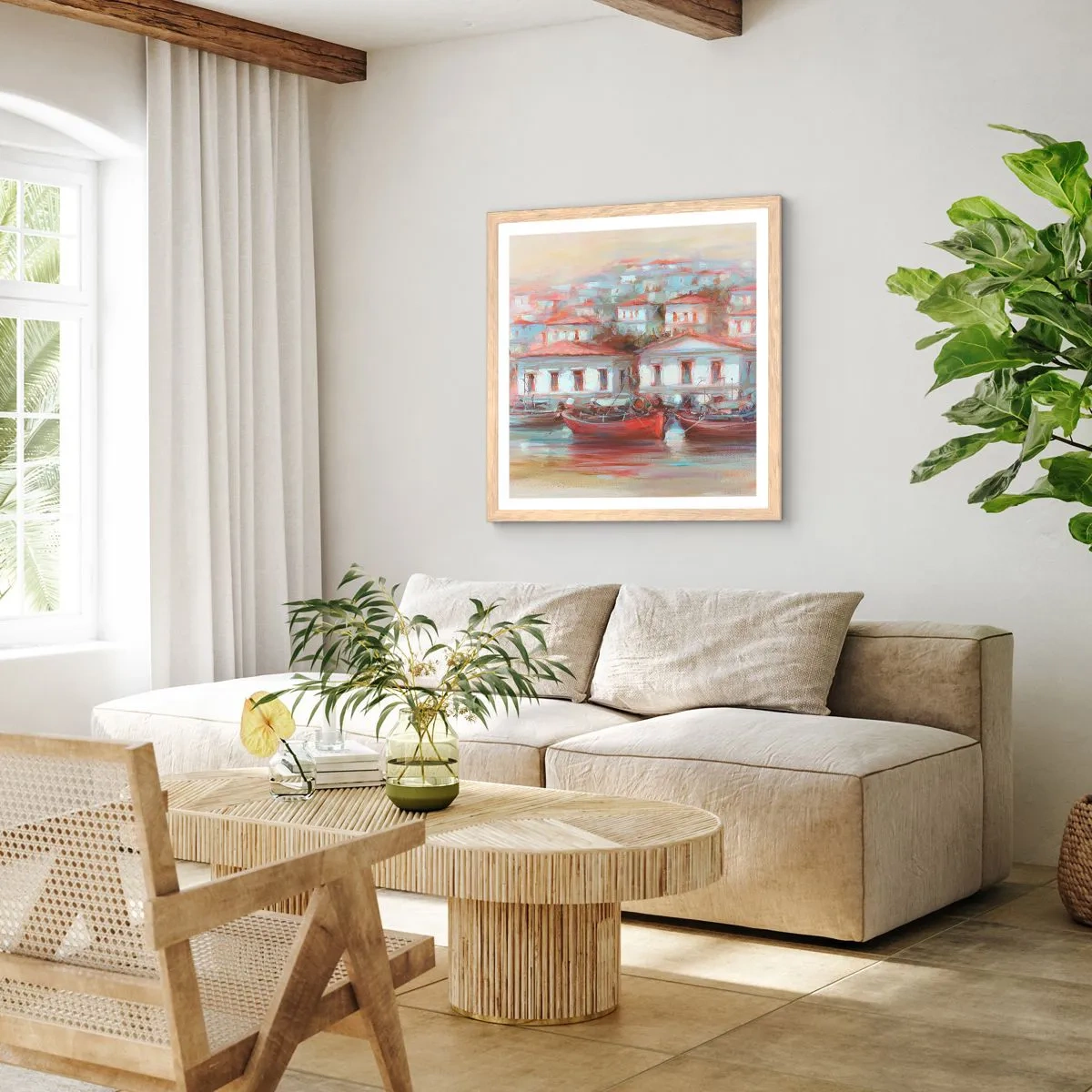 Poster in einem Rahmen aus heller Eiche - Glückliche Stadt - 30x30 cm