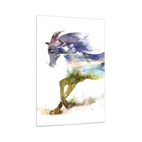 Glasbild - Bild auf glas - Aquarell eines Pferdes mit einer Berglandschaft in der Silhouette - 70x100cm - Von der Wiese direkt in den Himmel - Moderne Wanddekoration für Wohnzimmer und Schlafzimmer ARTTOR