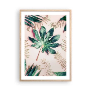 Poster in einem Rahmen aus heller Eiche - Eine Studie von Grün auf einem rosa Hintergrund - 50x70 cm