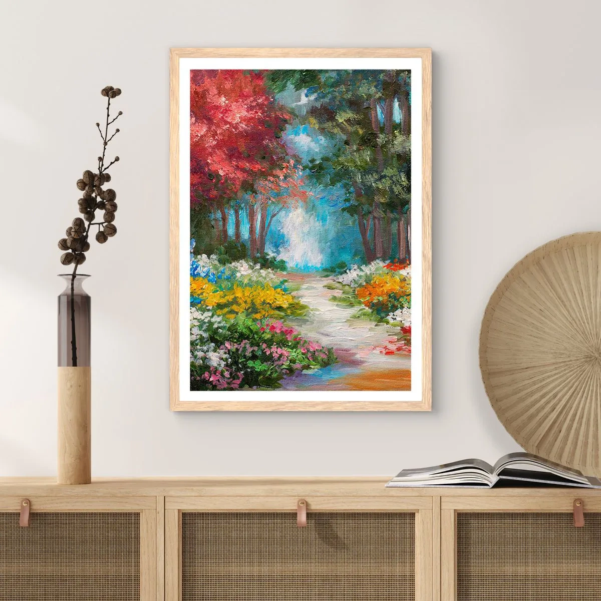 Poster in einem Rahmen aus heller Eiche - Waldgarten, Blumenwald - 40x50 cm