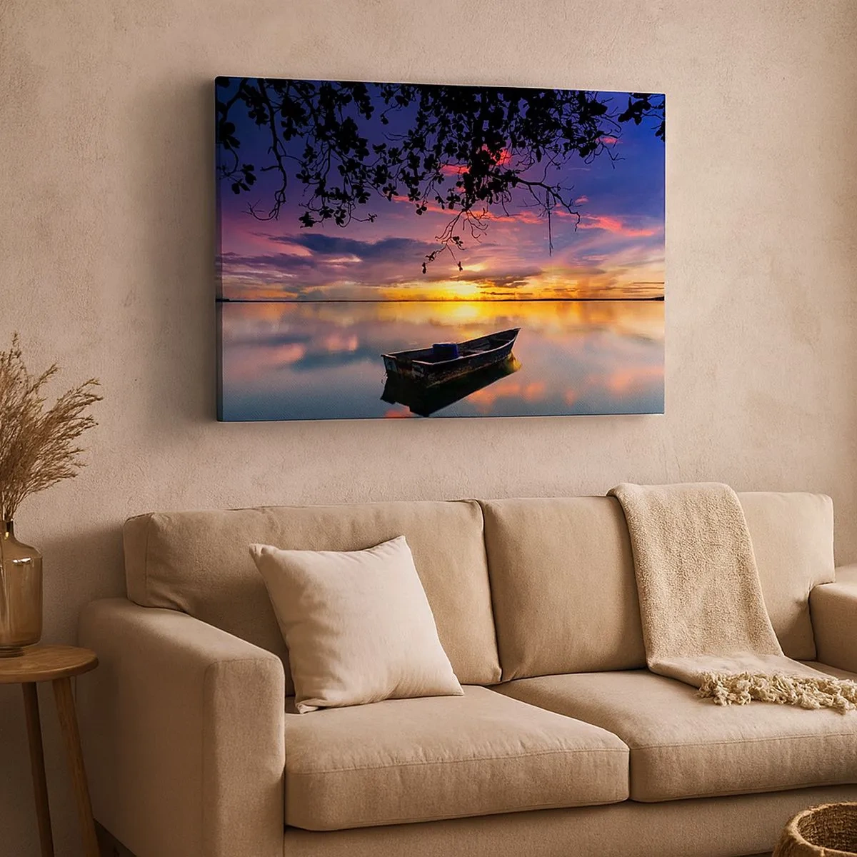 Bild auf Leinwand - Leinwandbild - Ein Boot auf ruhigem Wasser bei Sonnenuntergang - 70x50cm - Du scheinst mitten am Himmel zu hängen... - Moderne Wanddekoration für Wohnzimmer und Schlafzimmer ARTTOR