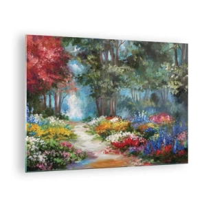 Glasbild - Bild auf glas - Ein farbenfroher Waldgarten mit blühenden Blumen - 70x50cm - Waldgarten, Blumenwald - Moderne Wanddekoration für Wohnzimmer und Schlafzimmer ARTTOR