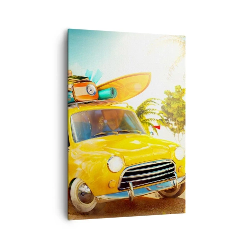 Bild auf Leinwand - Leinwandbild - Ein gelbes Auto mit Gepäck vor einer tropischen Landschaft - 70x100cm - Eine Reise für mehr als ein Lächeln - Moderne Wanddekoration für Wohnzimmer und Schlafzimmer ARTTOR