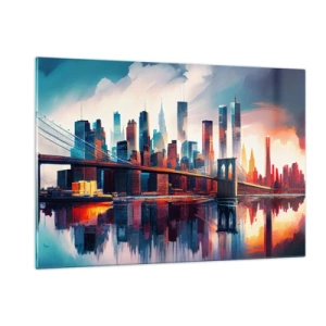 Glasbild - Bild auf glas - Panorama der Stadt mit einer Brücke vor dem bunten Himmel und Spiegelung im Wasser - 120x80cm - Traumhaftes New York - Moderne Wanddekoration für Wohnzimmer und Schlafzimmer ARTTOR