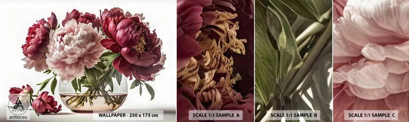 Fototapetenmuster Standard Eco - In voller Schönheit - Blumenstrauß, Vase, Pfingstrosen - 100x30 cm