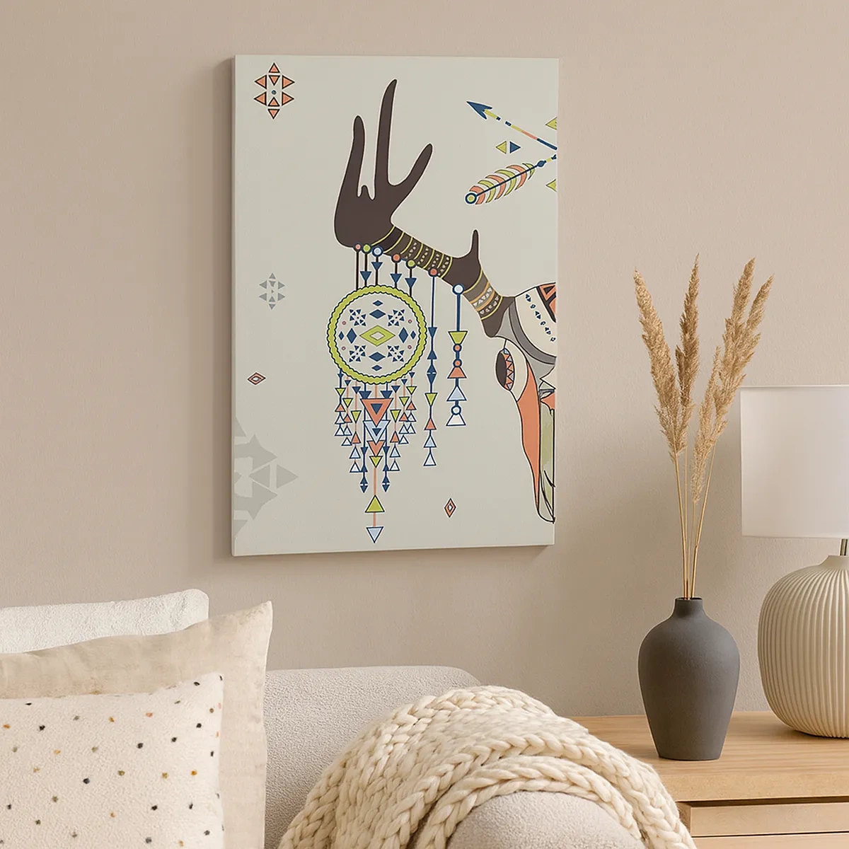 Bild auf Leinwand - Leinwandbild - Boho Deko mit Hirschschädel und Traumfänger - 50x70cm - Indische Jägertrophäe - Moderne Wanddekoration für Wohnzimmer und Schlafzimmer ARTTOR