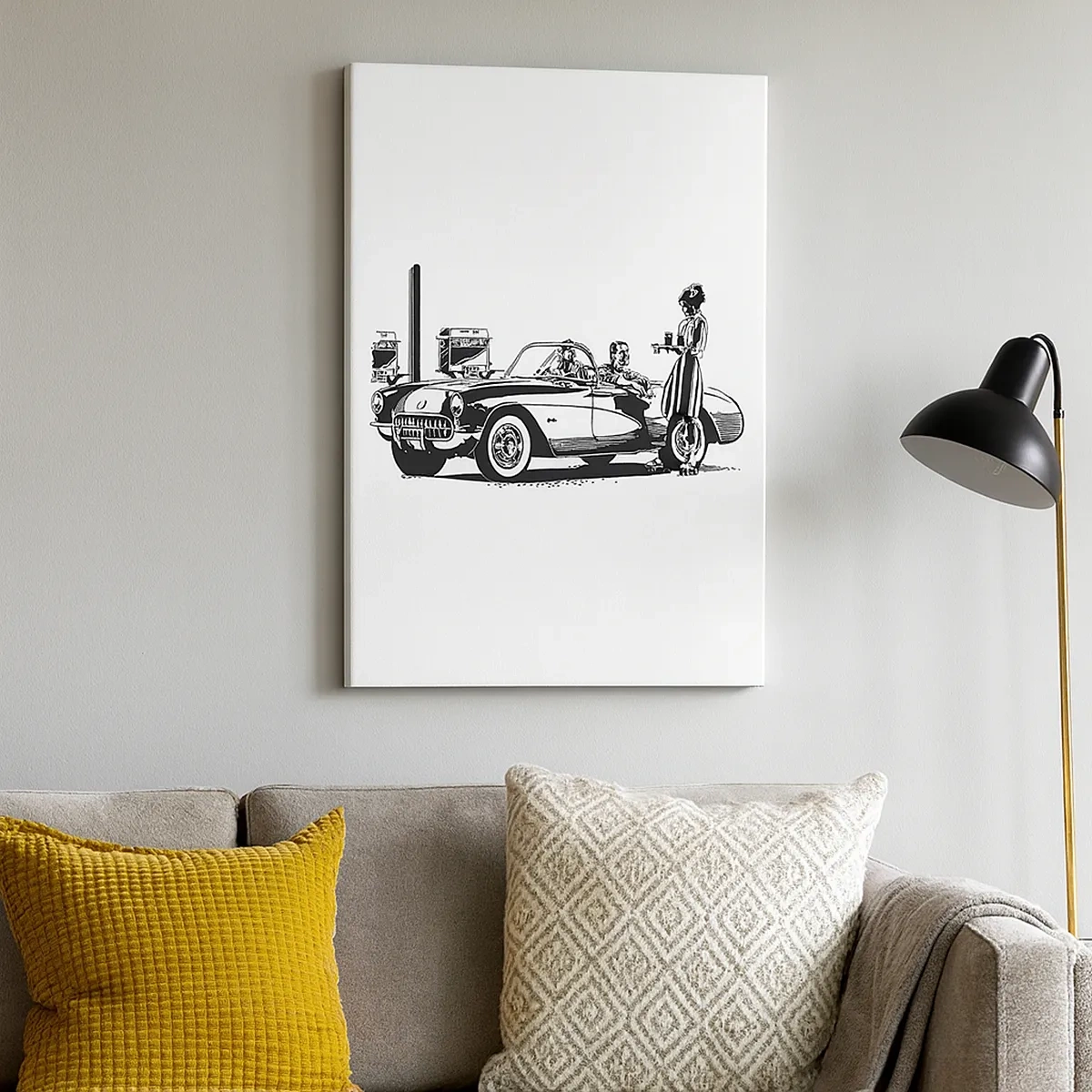 Bild auf Leinwand - Leinwandbild - Eine schwarz-weiße Retro-Szene mit einem Auto und einer Kellnerin auf Rollschuhen. - 50x70cm - 60. - unbeschwertes Amerika - Moderne Wanddekoration für Wohnzimmer und Schlafzimmer ARTTOR
