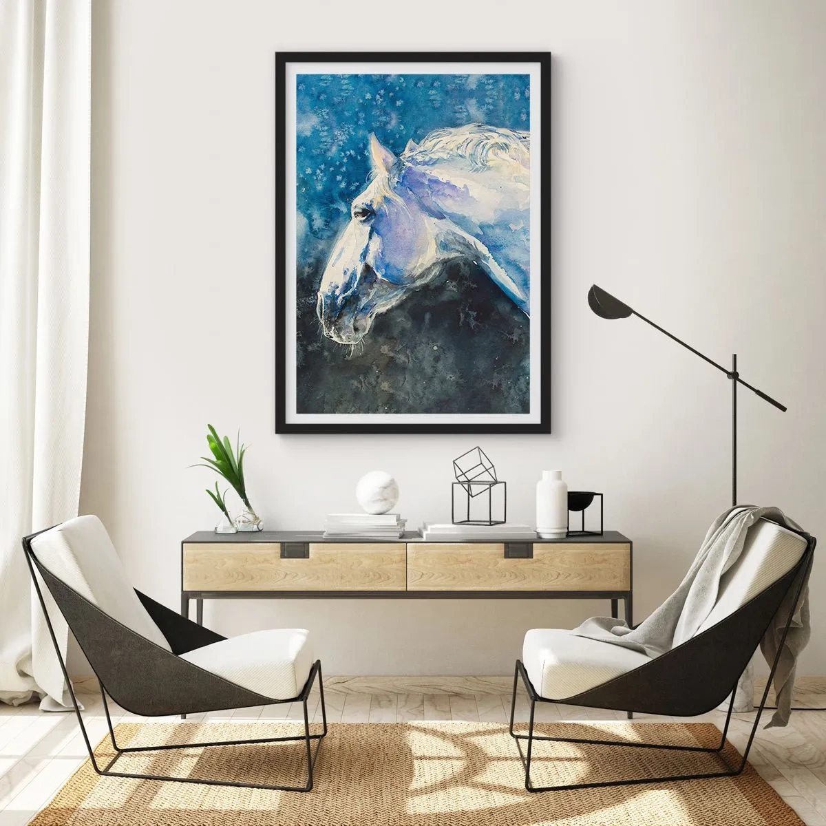 Poster in einem schwarzem Rahmen - Portrait eines Pferdes in blauen Aquarelltönen - 50x70cm - Porträt in blauem Glanz - Moderne Wanddekoration für Wohnzimmer und Schlafzimmer ARTTOR