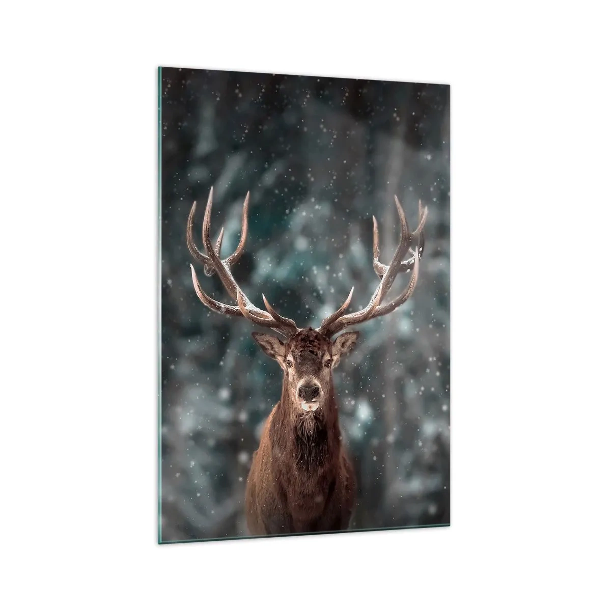 Glasbild - Bild auf glas - Hirsche in einem Winterwald mit fallendem Schnee - 70x100cm - Gekrönter König des Waldes - Moderne Wanddekoration für Wohnzimmer und Schlafzimmer ARTTOR