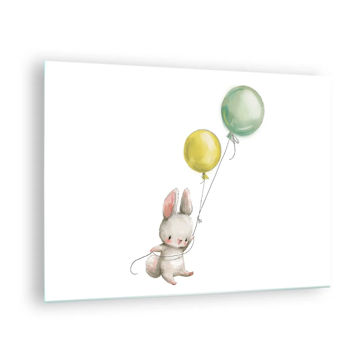 Glasbild - Bild auf glas - Ein Hase hält zwei Luftballons - 70x50cm - Ich werde auch fliegen! - Moderne Wanddekoration für Wohnzimmer und Schlafzimmer ARTTOR