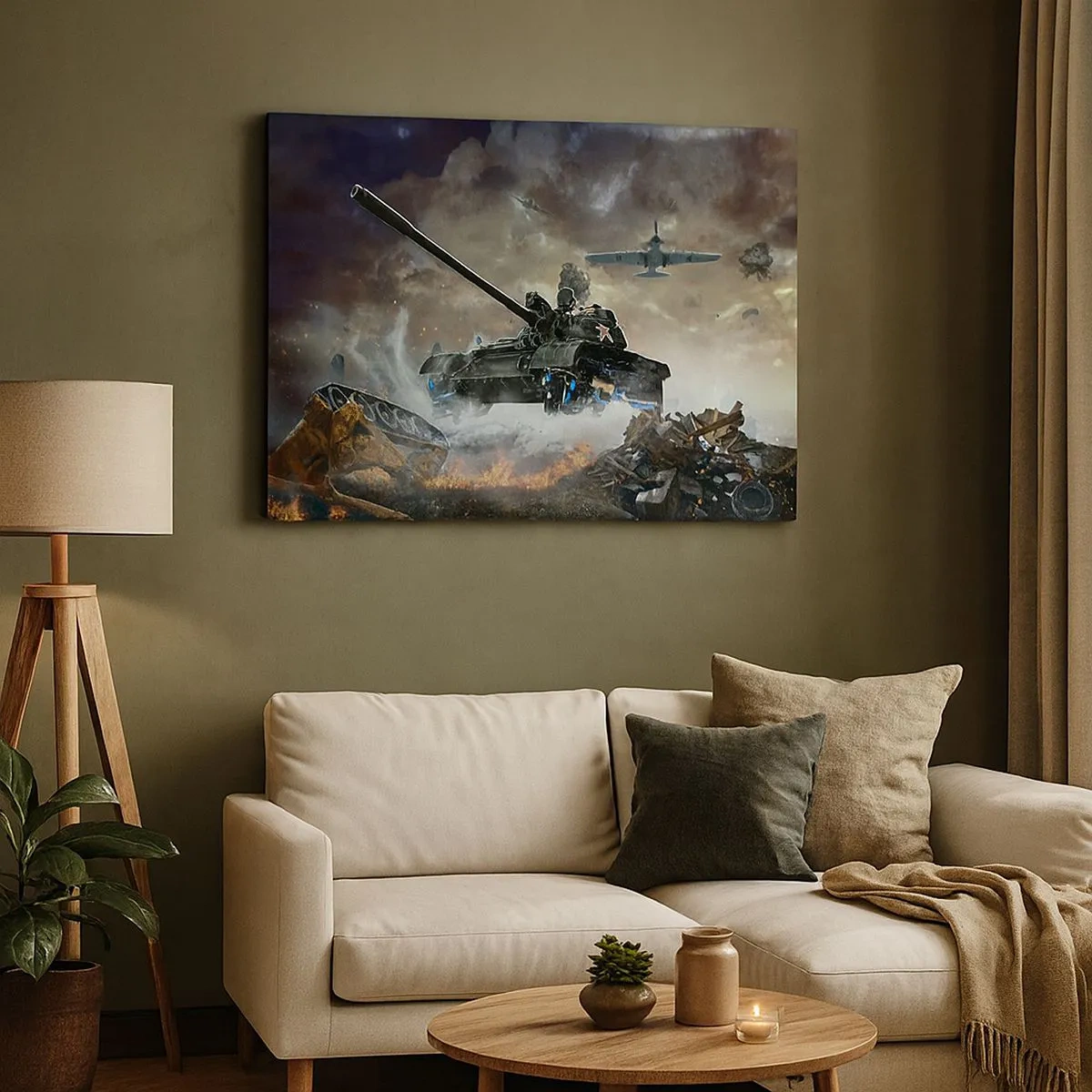 Bild auf Leinwand - Leinwandbild - Kampfszene mit Panzern und Flugzeugen im Hintergrund - 70x50cm - Der Kampf ist schrecklich und schön - Moderne Wanddekoration für Wohnzimmer und Schlafzimmer ARTTOR