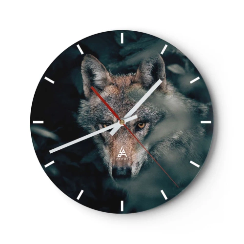 Wanduhr - Glasuhr - Ein Wolf mit intensivem Blick vor dem Hintergrund eines dunklen Waldes - 30x30cm - Jäger - Moderne Wanddekoration für Wohnzimmer, Küche und Schlafzimmer ARTTOR