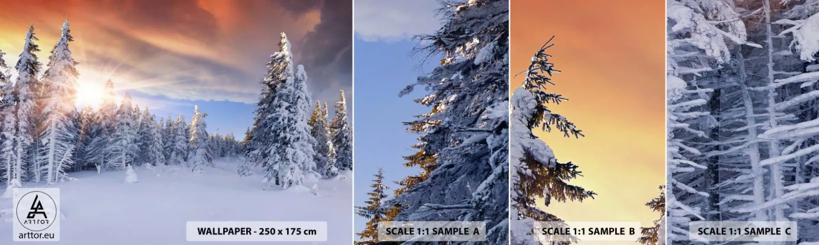 Fototapetenmuster Standard Eco - Ein verschneites Naturschauspiel - Landschaft, Wald, Winter - 100x30 cm