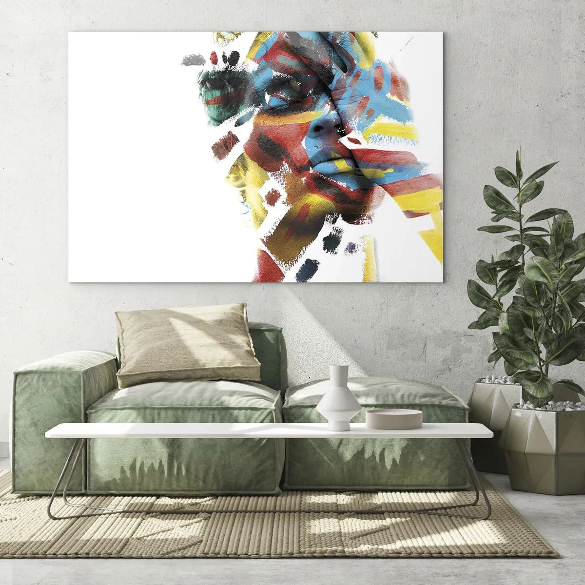 Glasbild - Bild auf glas - Portrait mit abstrakten, farbigen Akzenten im Gesicht - 70x50cm - Eine bunte Persönlichkeit - Moderne Wanddekoration für Wohnzimmer und Schlafzimmer ARTTOR