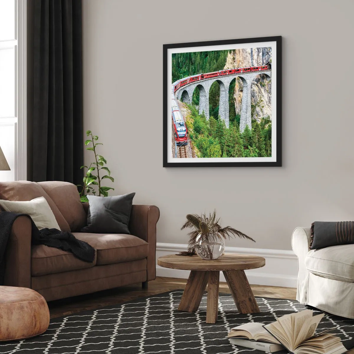 Poster in einem schwarzem Rahmen - Eisenbahn für Bergblick - 40x40 cm