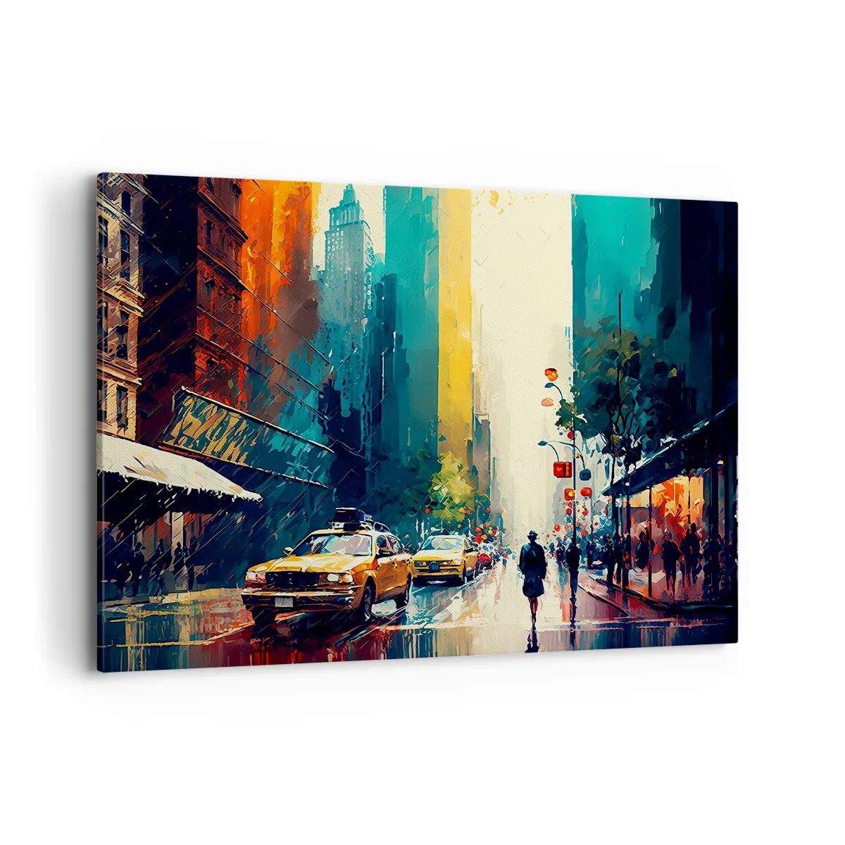 Bild auf Leinwand - Leinwandbild - Eine geschäftige Stadt mit Taxis und Passanten - 120x80cm - New York – selbst der Regen ist hier bunt - Moderne Wanddekoration für Wohnzimmer und Schlafzimmer ARTTOR