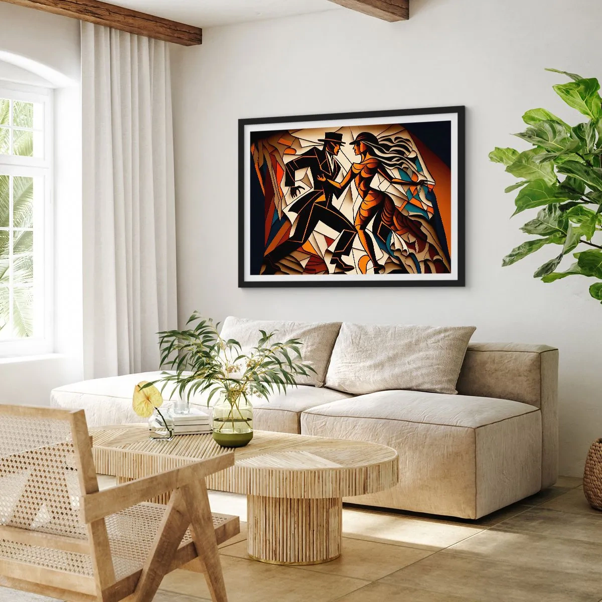 Poster in einem schwarzem Rahmen - Ein dynamisches Paar tanzt in abstrakter Form. - 100x70cm - Tanz der Passion und Leidenschaft - Moderne Wanddekoration für Wohnzimmer und Schlafzimmer ARTTOR