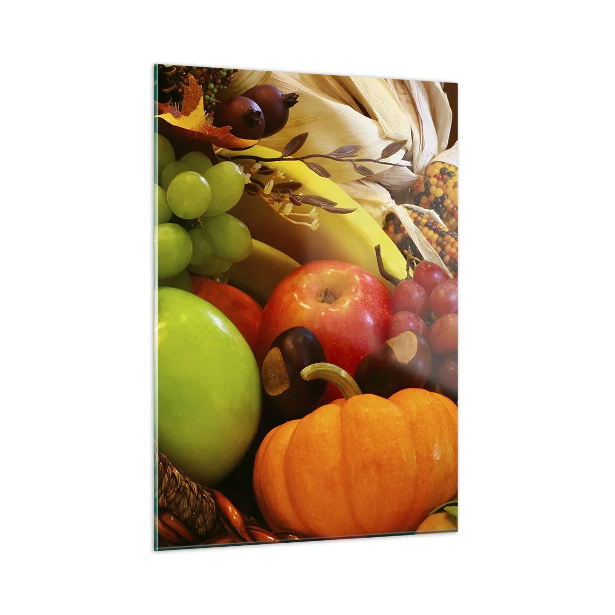 Glasbild - Bild auf glas - Ein Korb voller Obst und Gemüse in einem herbstlichen Arrangement - 50x70cm - Ein Korb voller Ernte - Moderne Wanddekoration für Wohnzimmer und Schlafzimmer ARTTOR