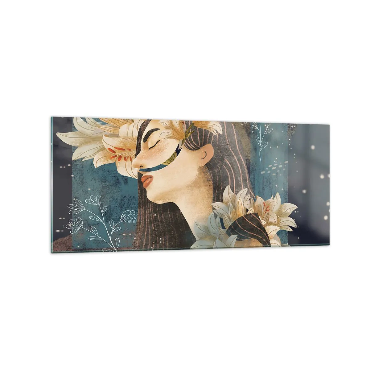 Glasbild - Bild auf glas - Porträt einer Frau mit Blumen im künstlerischen Stil auf dunklem Hintergrund - 120x50cm - Ein Märchen über eine Prinzessin mit Lilien - Moderne Wanddekoration für Wohnzimmer und Schlafzimmer ARTTOR