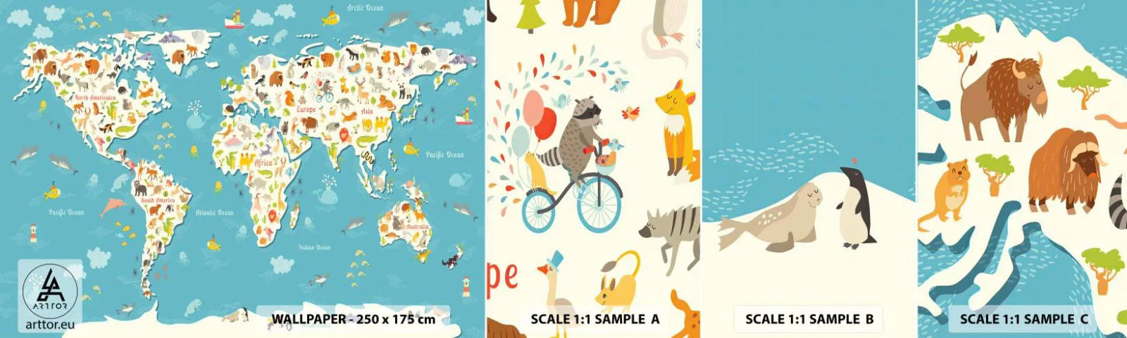 Fototapeten Muster Selbstklebend Deluxe Sticker - Wir lieben die ganze Welt - Weltkarte, Tiere, Für Kinder - 100x30 cm
