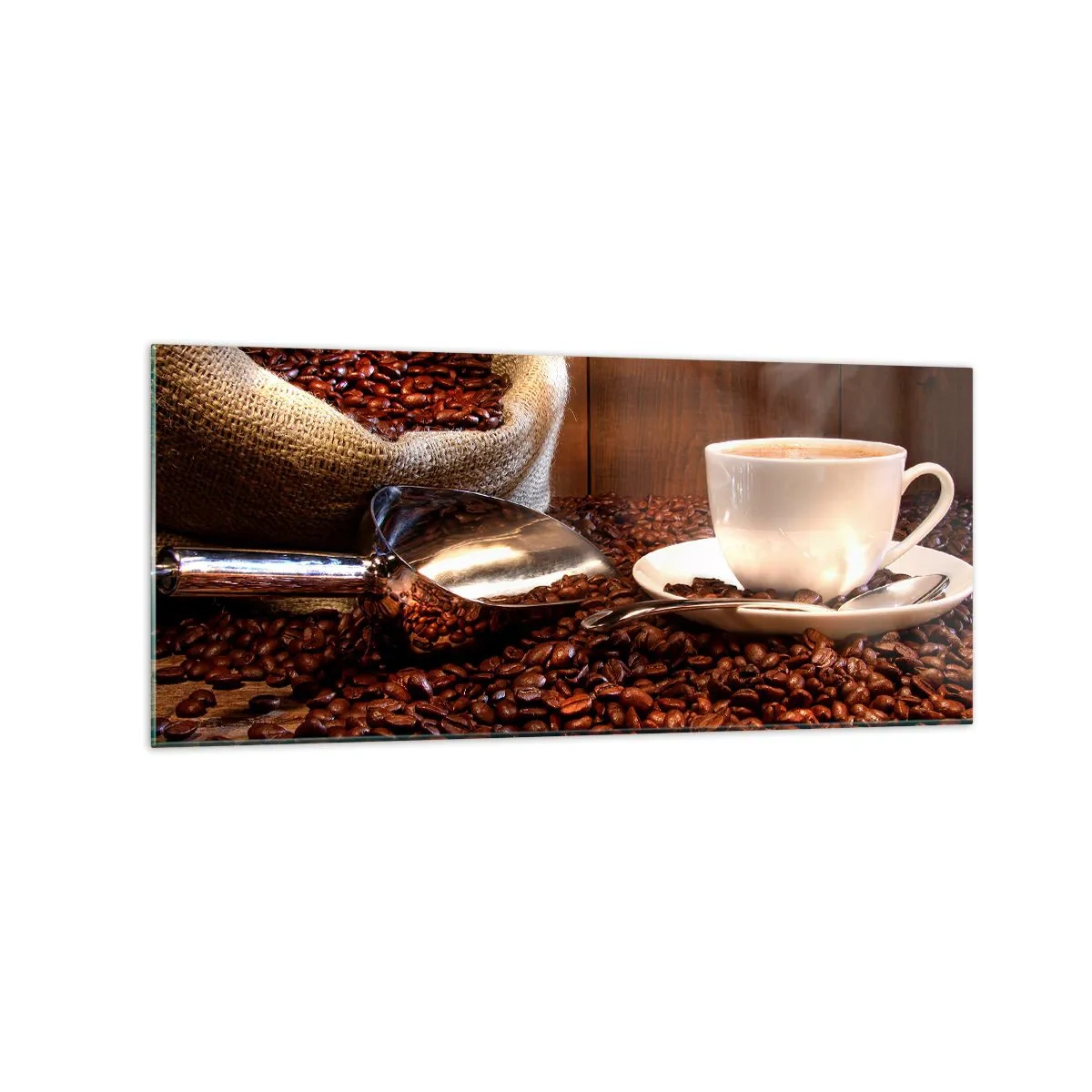 Glasbild - Bild auf glas - Eine Tasse Kaffee mit Kaffeebohnen und einem Getreidesack im Hintergrund - 120x50cm - Fühlst du diesen Geruch? - Moderne Wanddekoration für Wohnzimmer und Schlafzimmer ARTTOR