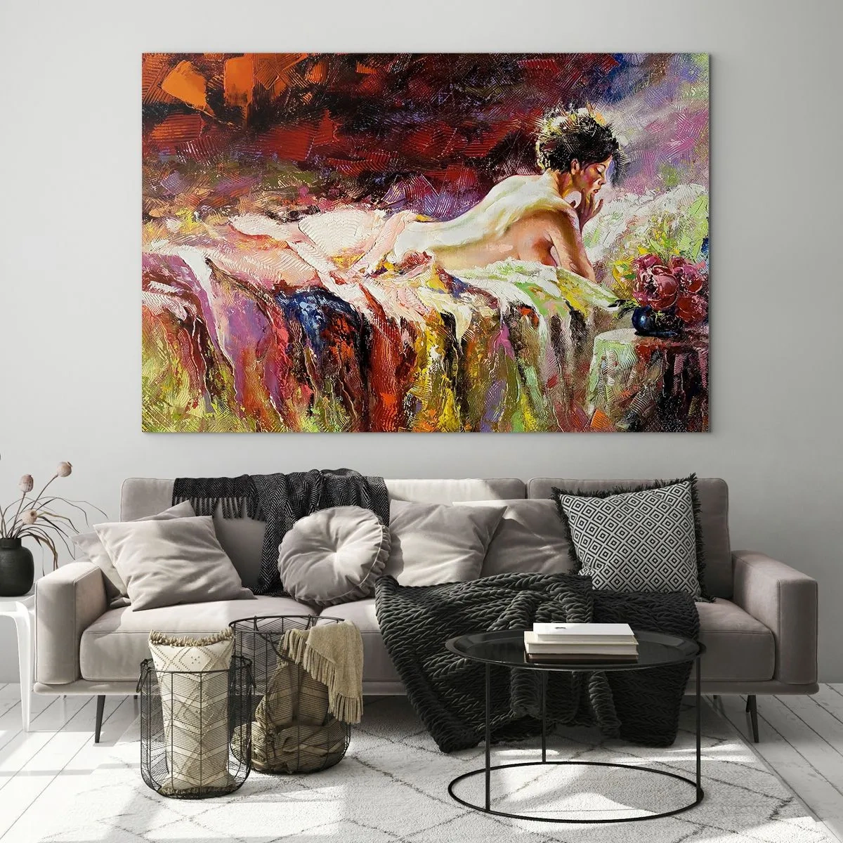 Glasbild - Bild auf glas - Impressionistischer weiblicher Akt auf buntem Stoff - 70x50cm - Venus in Gedanken - Moderne Wanddekoration für Wohnzimmer und Schlafzimmer ARTTOR