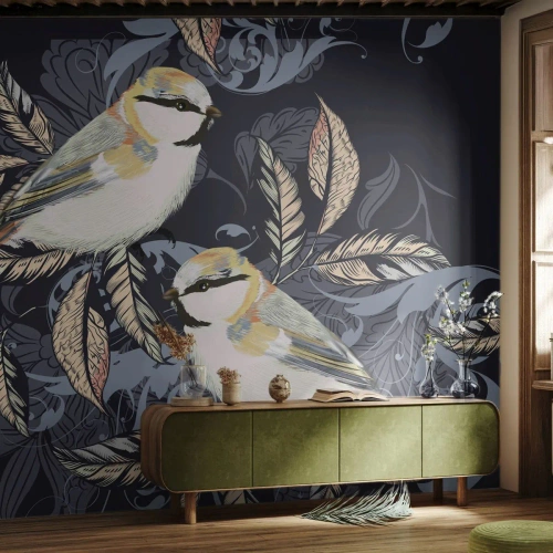 Fototapete Standard Eco - Illustration von Vögeln auf dunklem Hintergrund mit Ornamenten - 100x70cm - Gelb-blauer Triller - Moderne Wanddekoration für Wohnzimmer und Schlafzimmer ARTTOR